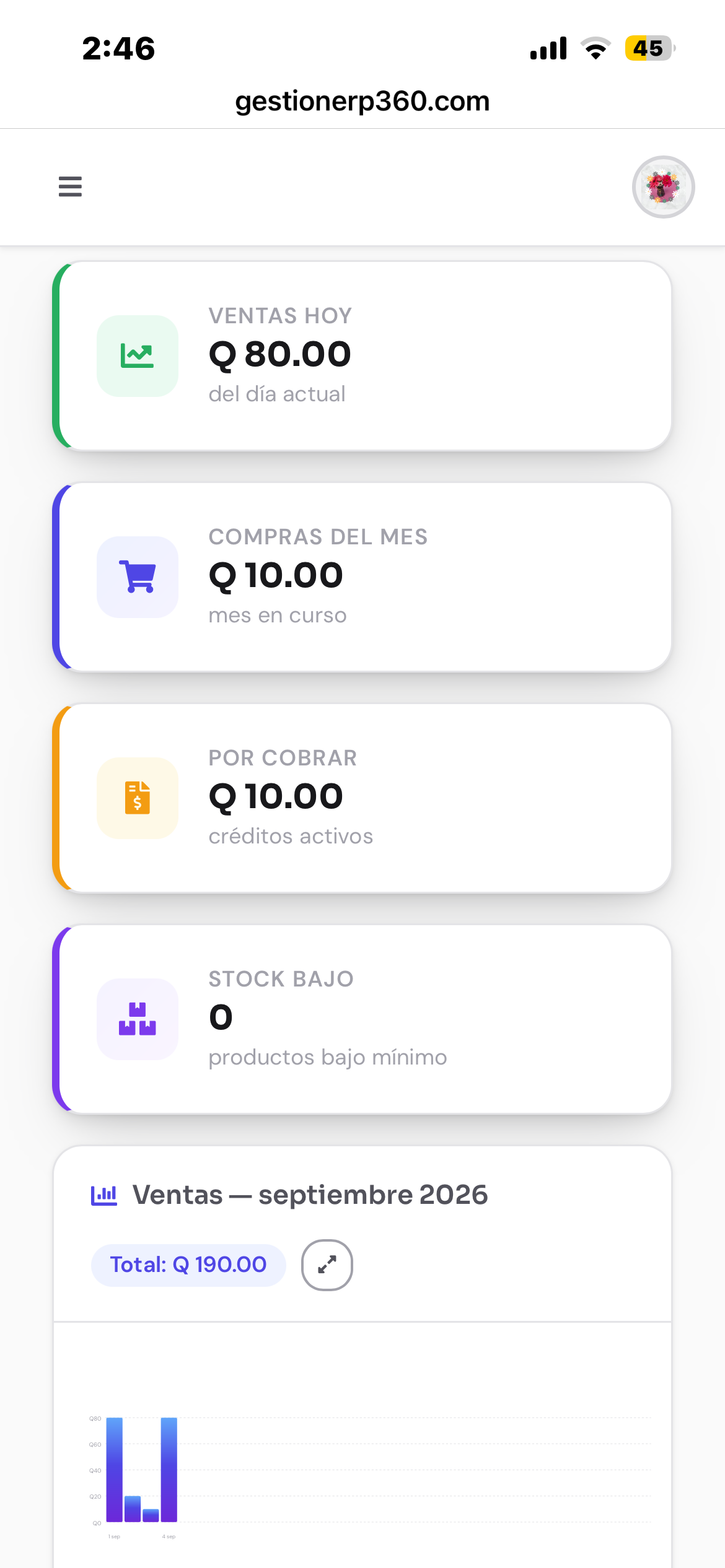 App ERP360 Micro funcionando en celular — pantalla de ventas e inventario