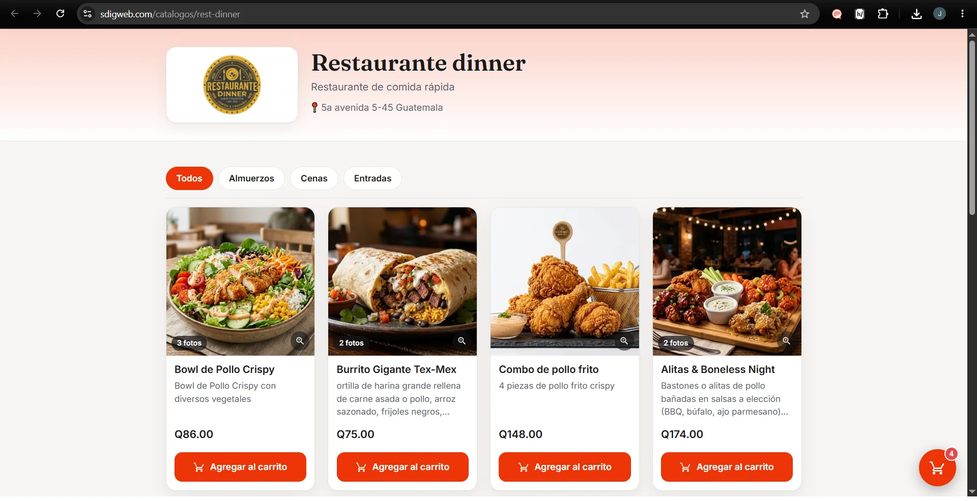 Ejemplo de menú digital para restaurante