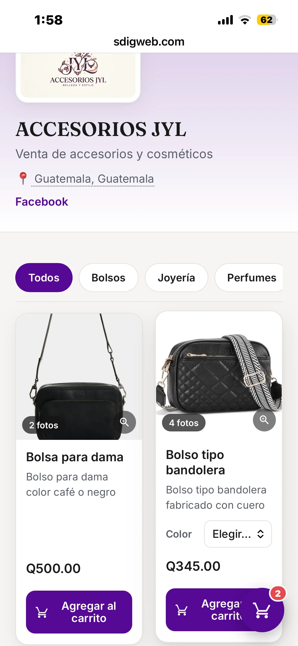 Catálogo digital funcionando en celular — productos con fotos, carrito y pedido por WhatsApp