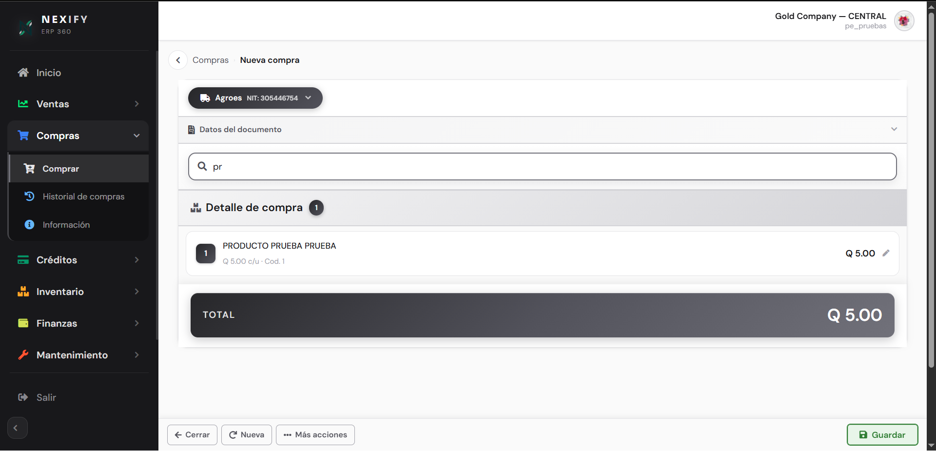 Pantalla de compras del sistema ERP360 Micro