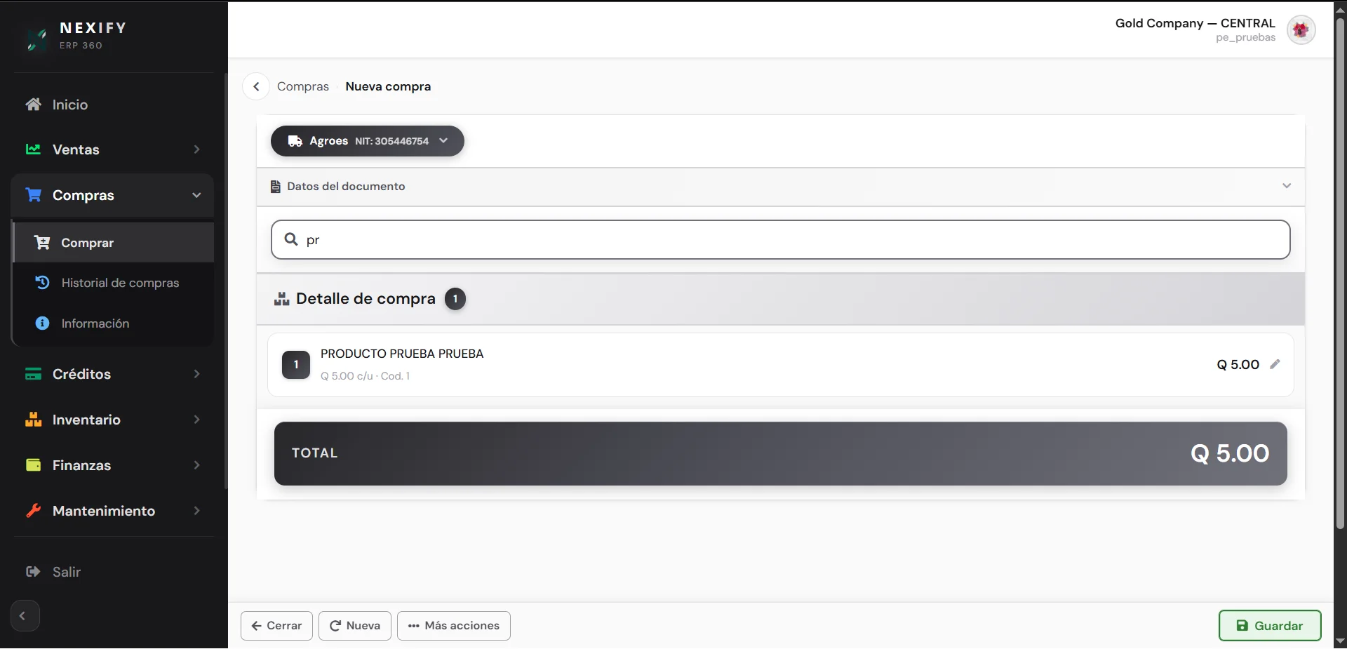 Pantalla de compras del sistema ERP360 Micro