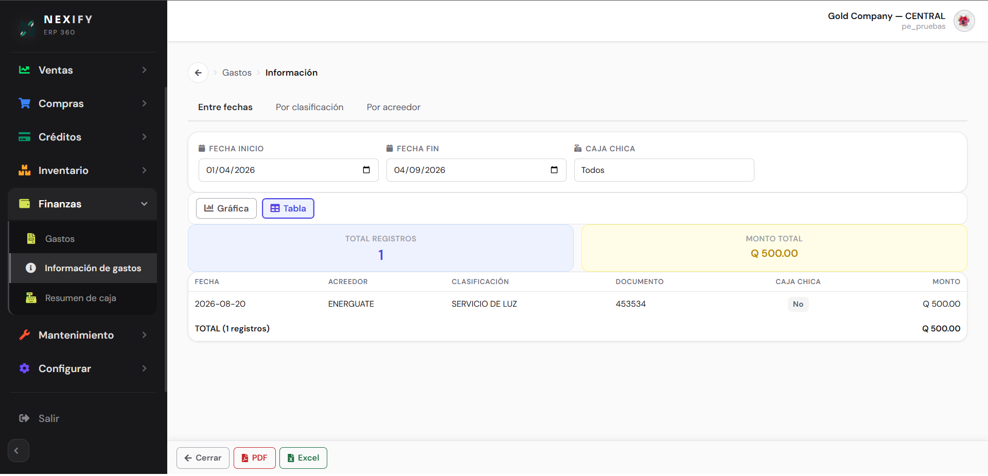 Pantalla de finanzas del sistema ERP360 Micro