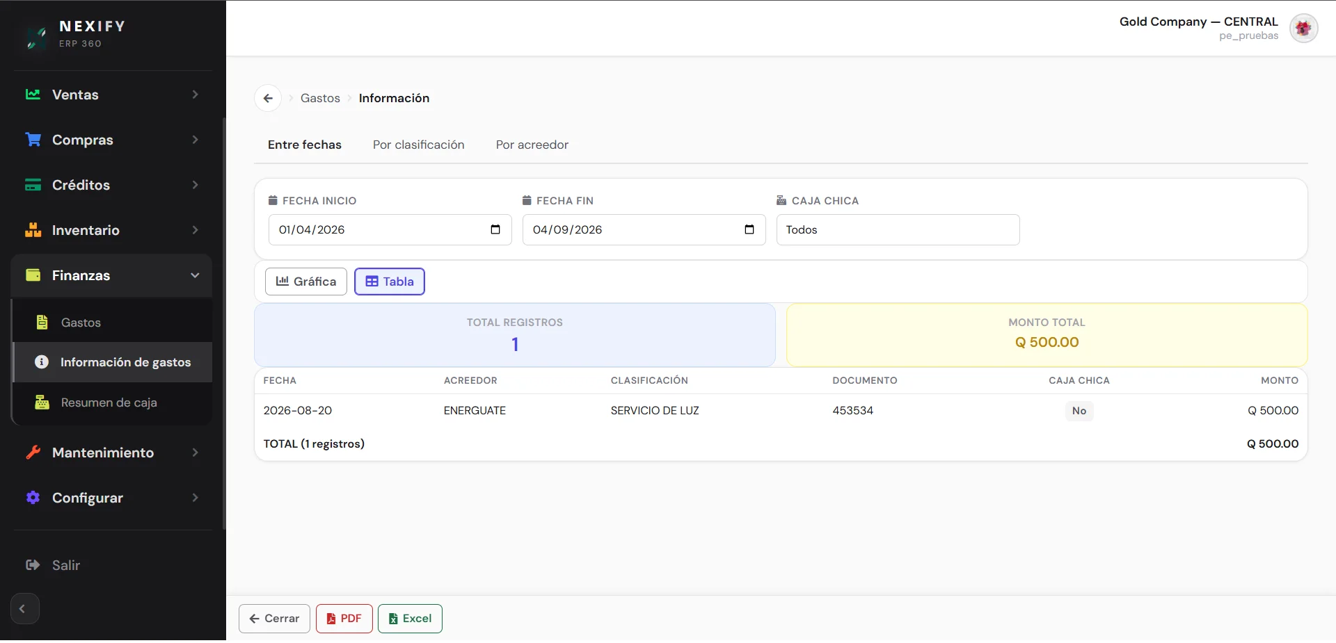 Pantalla de finanzas del sistema ERP360 Micro