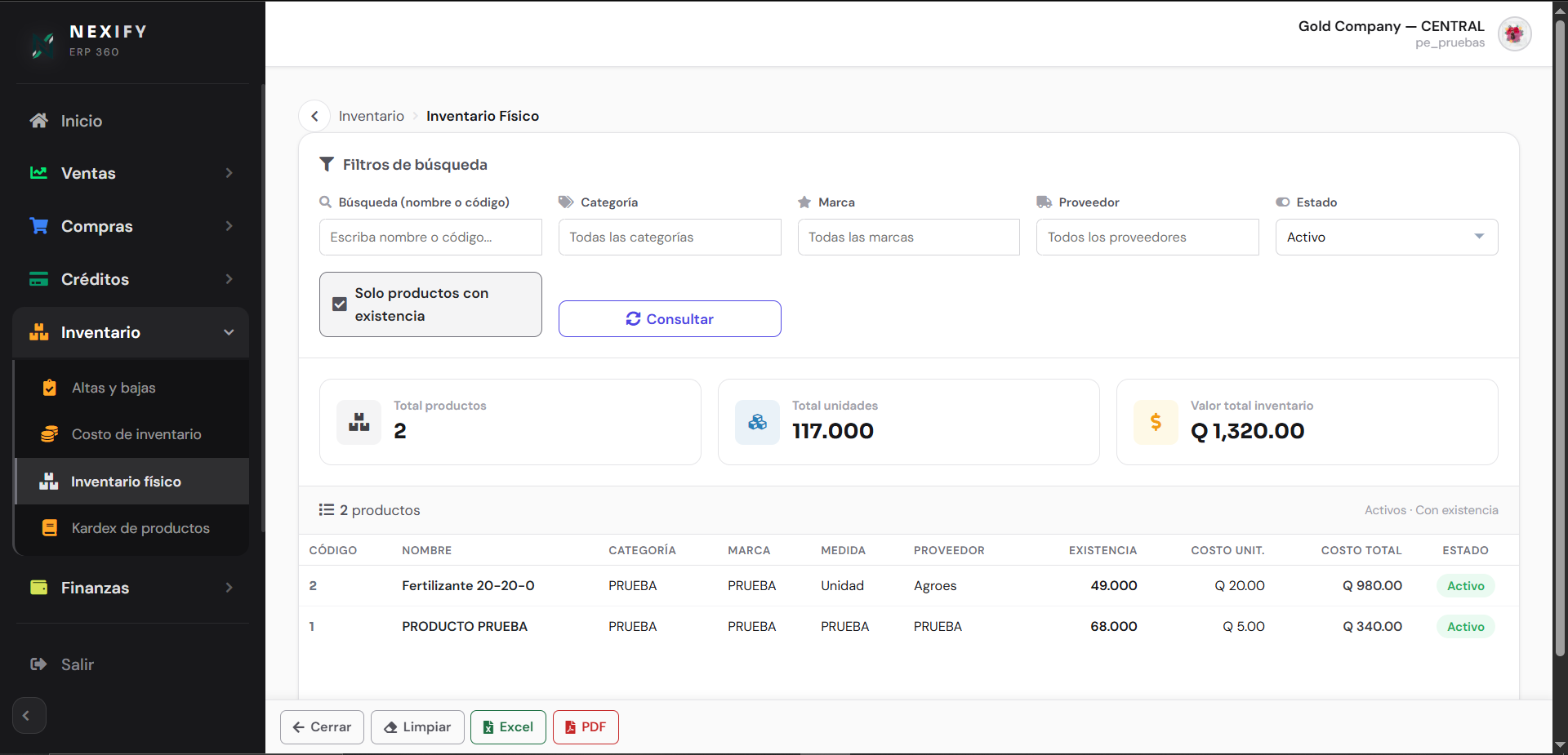 Pantalla de inventario del sistema ERP360 Micro