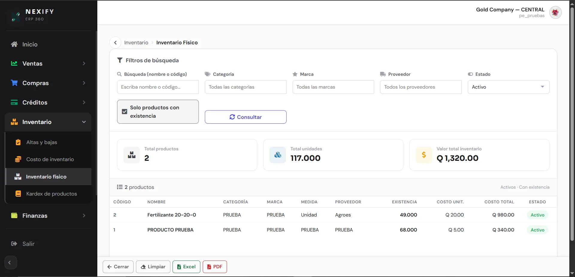 Pantalla de inventario del sistema ERP360 Micro