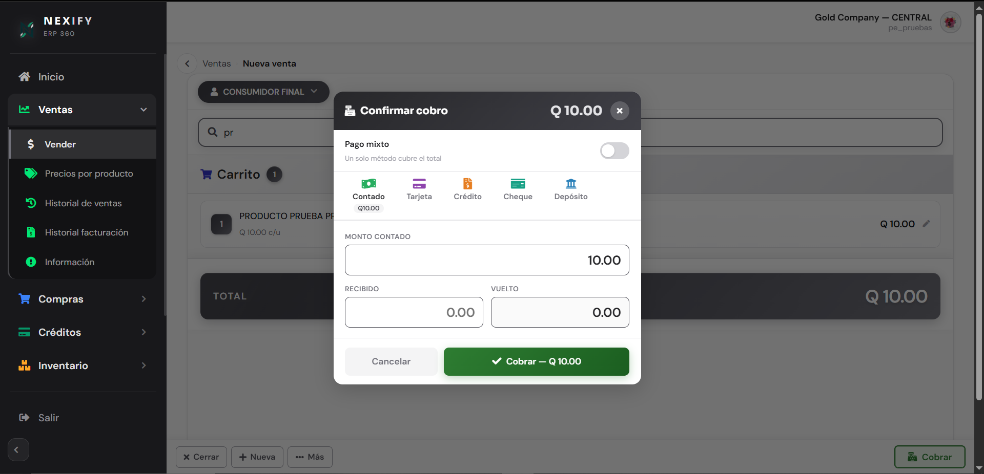 Pantalla de ventas del sistema ERP360 Micro