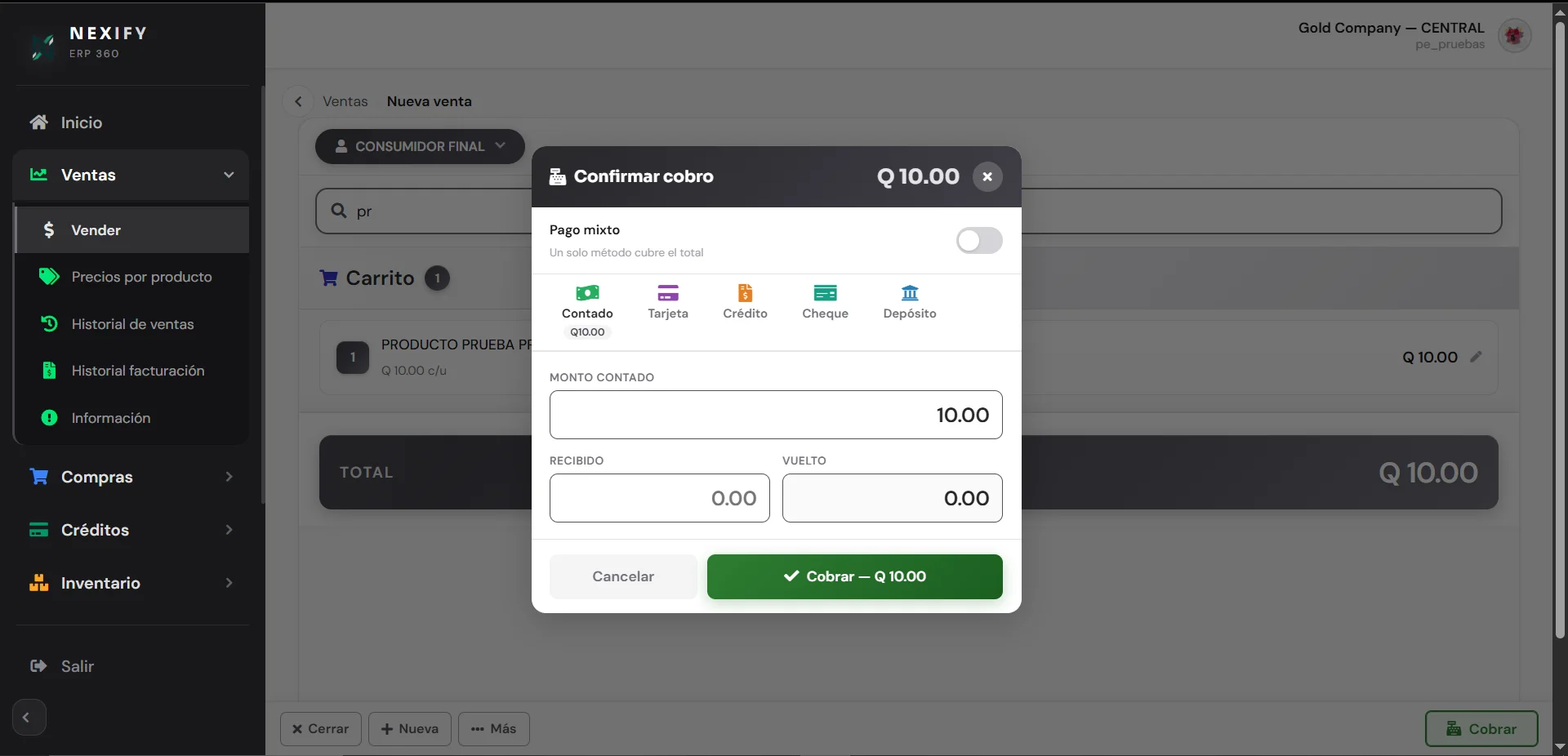 Pantalla de ventas del sistema ERP360 Micro